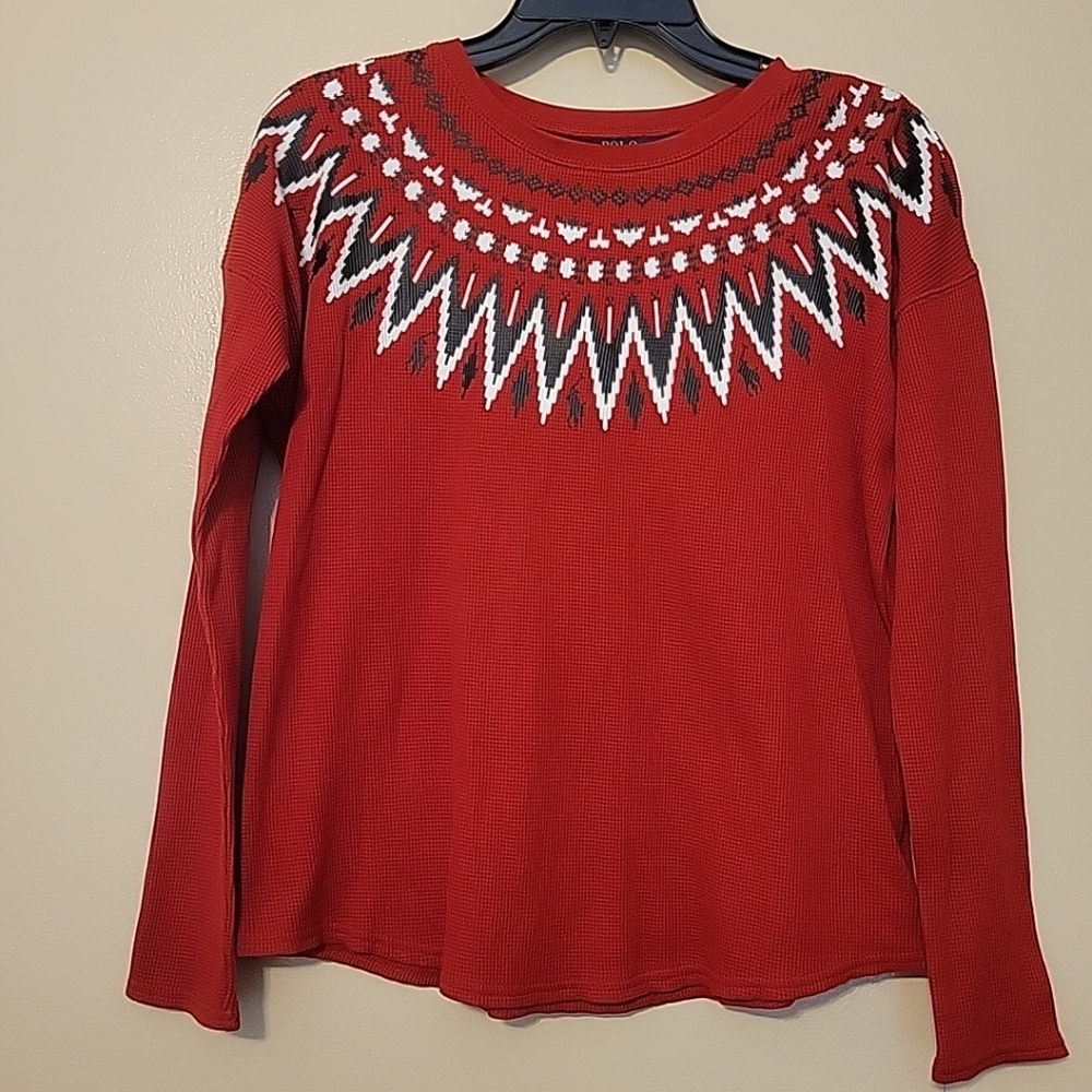 Polo Ralph Lauren Fair Isle Top Girls L 12-14 Red Waffle Knit Pullover Shirt NEW